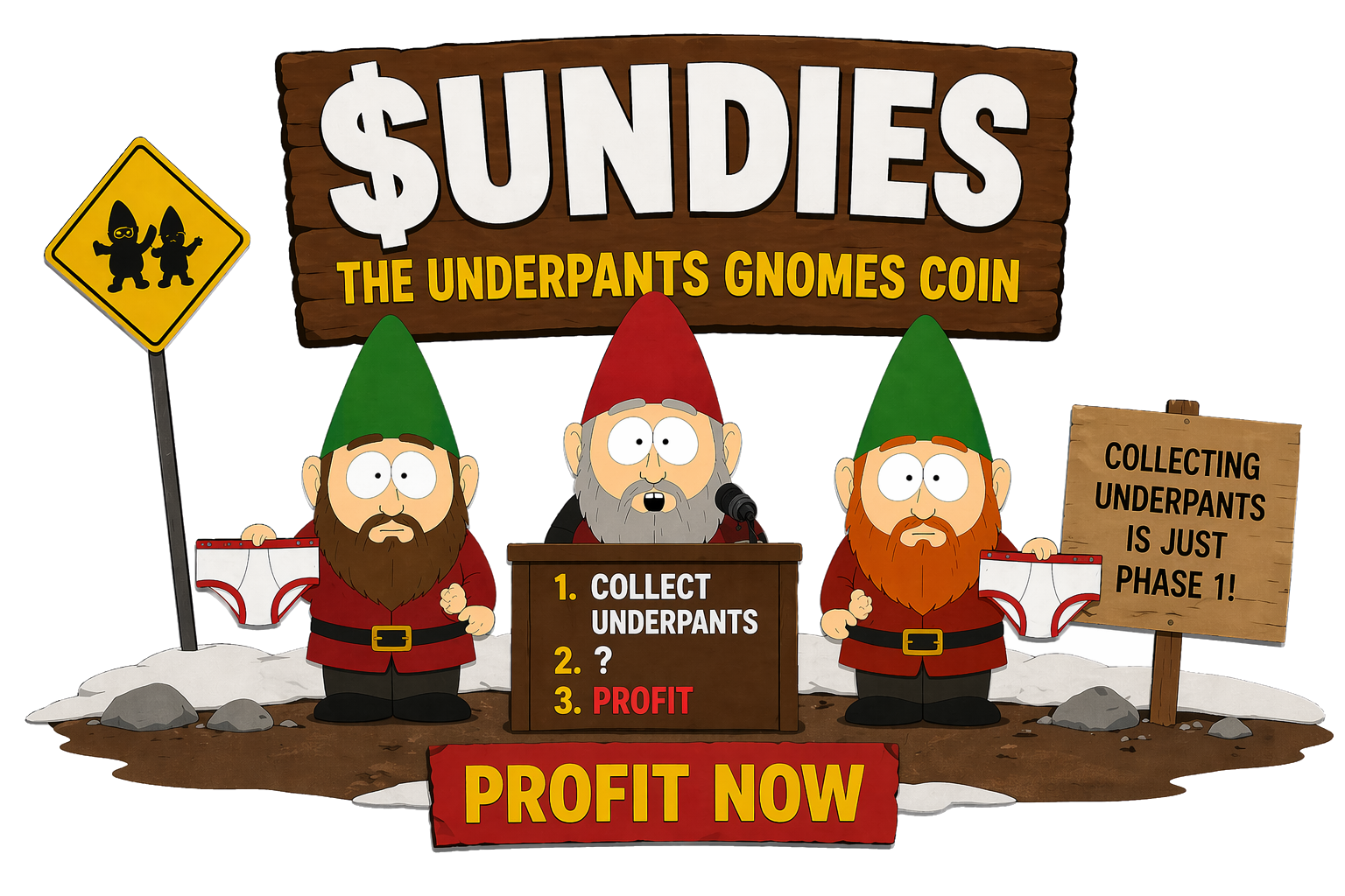 Three Underpants Gnomes stand in the snow under the $UNDIES wooden-slab logo that reads "The Underpants Gnomes Coin." A yellow gnome-crossing warning sign is on the left. A wooden plank lists "1. Collect Underpants, 2. ?, 3. Profit." A red "PROFIT NOW" button sits below.