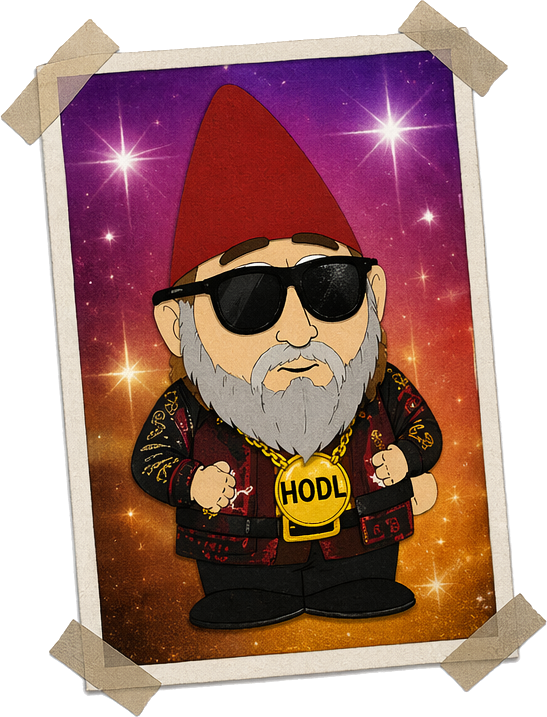 Framed NFT of a gnome with sunglasses wearing a HODL shirt, set on a starry background