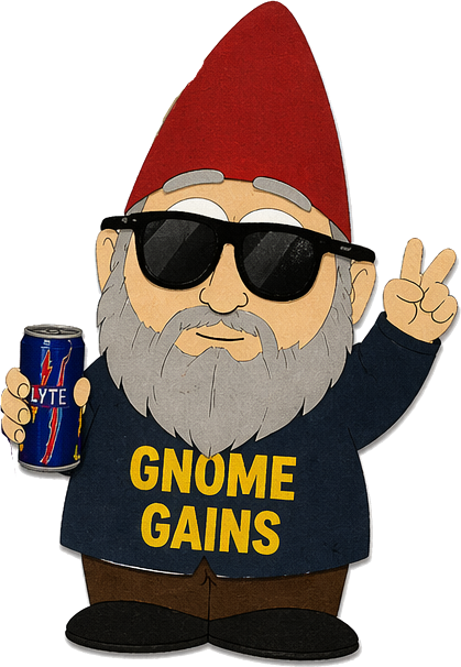 Gnome in sunglasses and a GNOME GAINS hoodie, holding an energy drink and throwing a peace sign